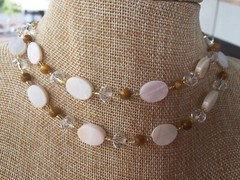 Handmade Necklace of Brown and White Mother of Pearl Shell & Clear Crystal Beads