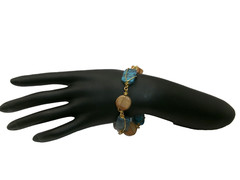 Wired Stone Bracelet Teal & Brown w/ Gold Tone Wire Toggle Clasp Handmade OOAK