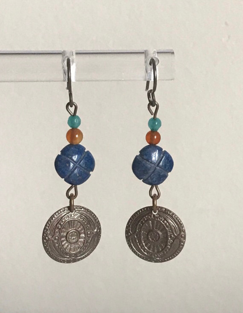 Handmade Lapis Lazuli Brass Earrings with Carnelian, Agate Accents