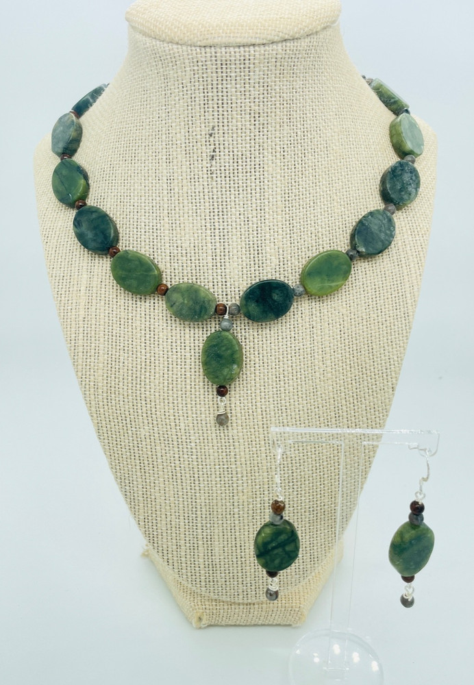 Moss Green Jasper Slab Choker Necklace 925 Artisan Handcrafted Earring Set 16″