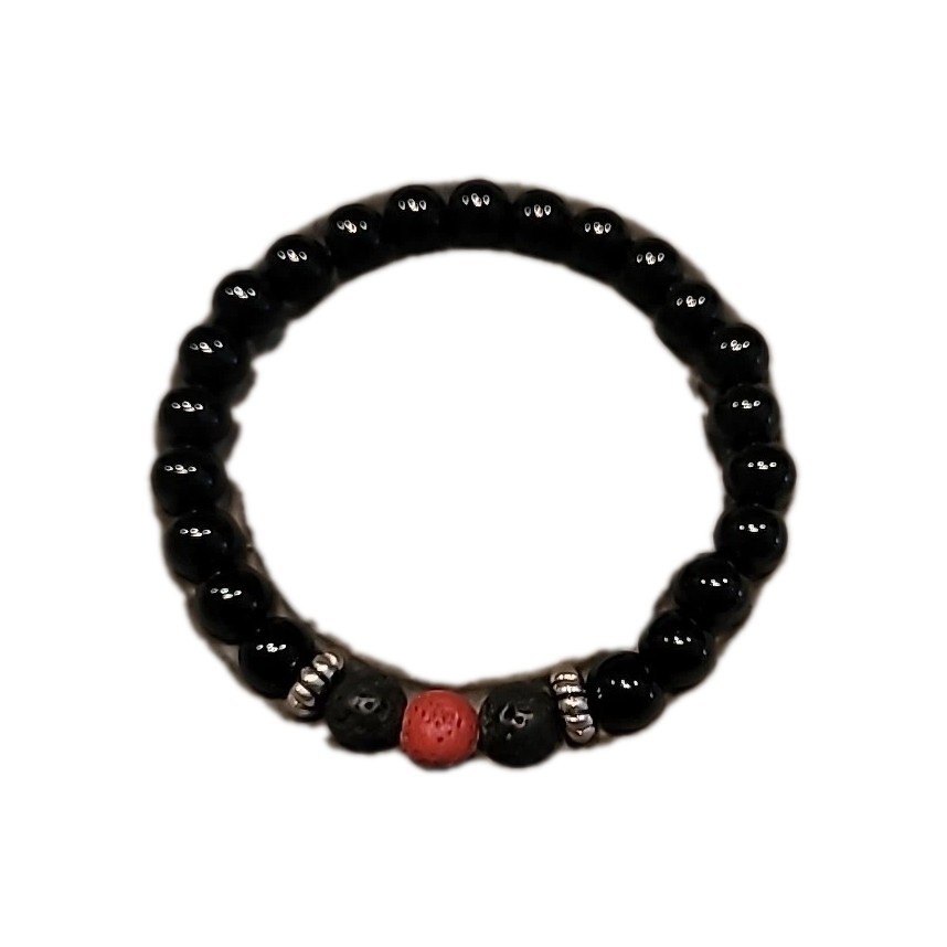 Handmade Stone Stretch Bracelet: «All Smiles»:Lava Rock: Carnelian: Hematite 6mm