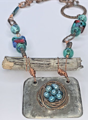 OOAK Artisan Copper Wire Bird’s Nest Robin’s Egg Wooden Log Art Glass Necklace
