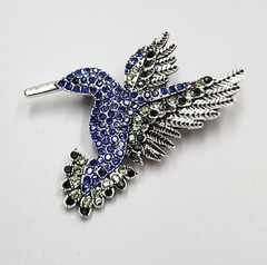 Elegant Hummingbird Brooch Pin Blue Green Silver tone Rhinestone