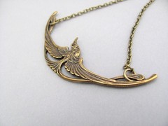 Art Nouveau Bird Necklace Egyptian Revival Pendant Oxidized Brass Chain Birthday