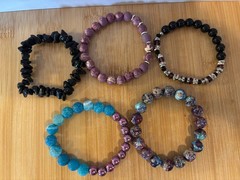 One of a Kind NWT Handmade Gemstone 5 Bracelet Stack Onyx Jasper Agate Jewelry