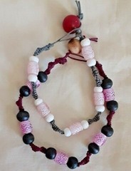 Handmade Set of 2 Bracelets Round Beaded Pink White Black Homemade Hemp Cord