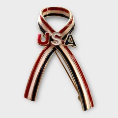 USA Ribbon Brooch Pin, 2 1/4″, Gold Enamel Olympics patriotic America