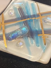 Fused Art Glass Brooch Pin – Metallic Blue – White, Black, Gold