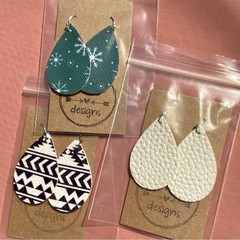 3 Pairs Faux Leather Teardrop Earrings Handmade Lightweight Snowflake White