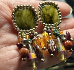 Handmade Shades Of Green Acrylic Stitched & Beaded Stud Earrings 2.25 Inches