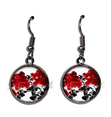 Asian Style Cherry Blossom Flower – Handmade Dangling Earrings GUNMETAL BLACK
