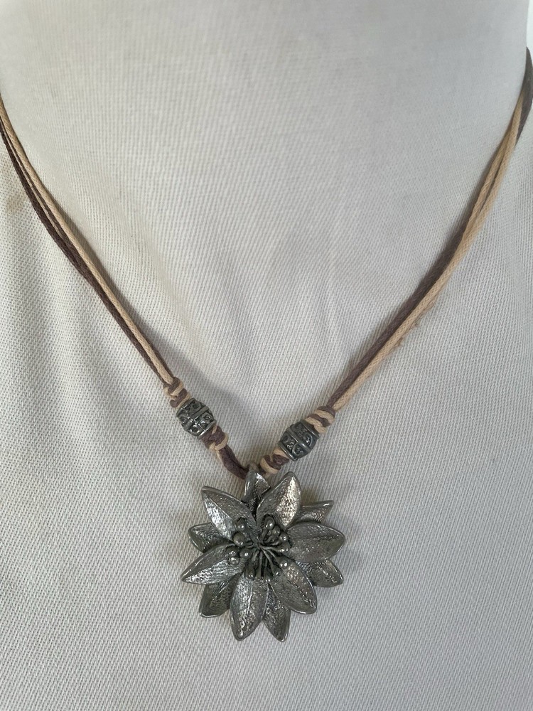 Metal Flower Pendant Necklace Pewter Color On Cords Handmade Boho Vintage