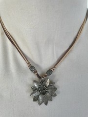 Metal Flower Pendant Necklace Pewter Color On Cords Handmade Boho Vintage