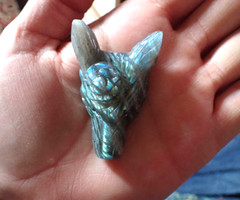 Labradorite ( Moonstone) Wolf / Dog Head Pendant Rose carved on forehead