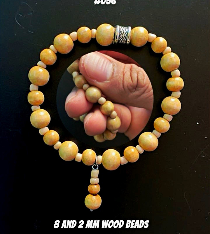 Handmade Beige Wood Beaded Bracelet w/ Dangle Charm, 8mm & 2mm Round Beads