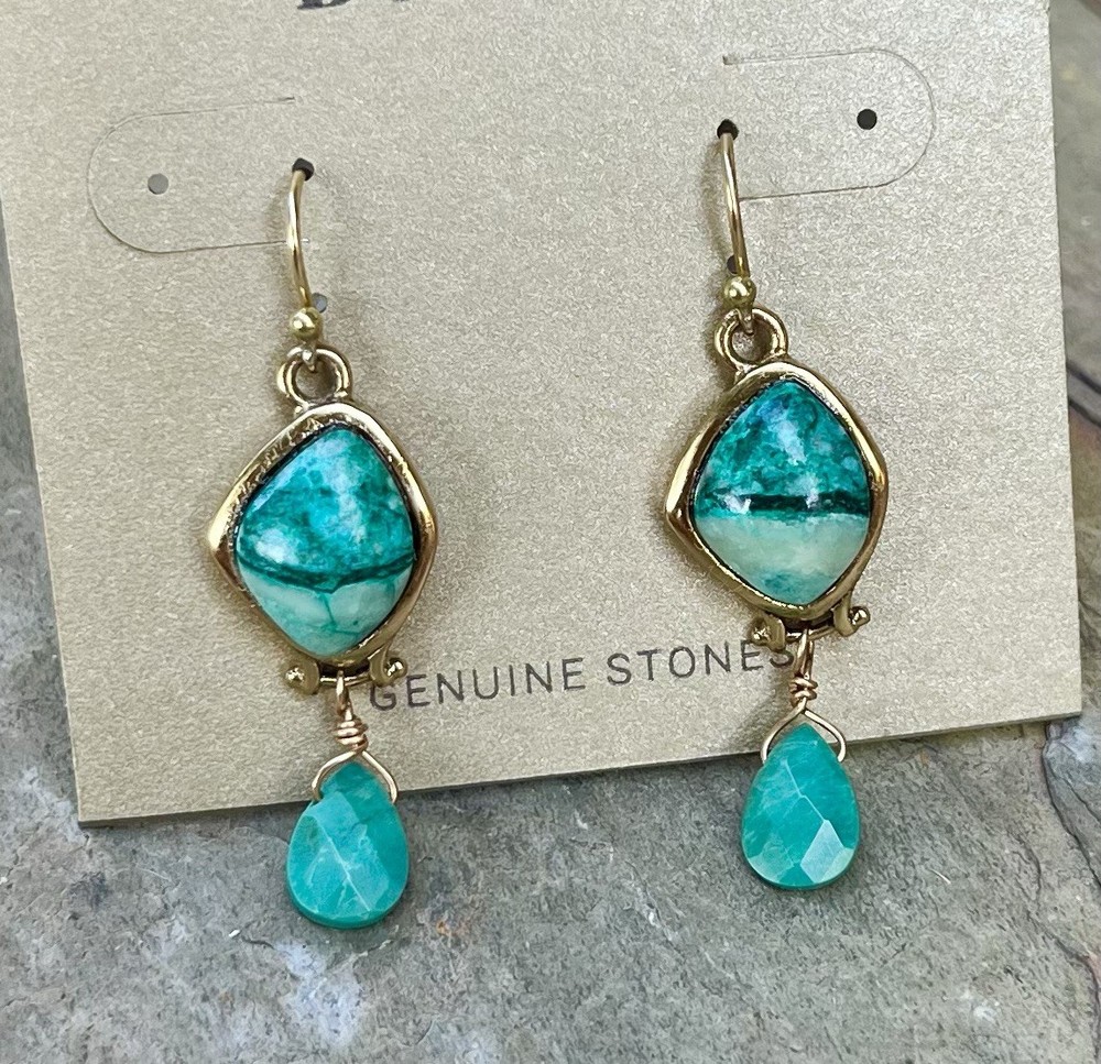Barse NWT Blue Green Chrysocolla Golden Bronze Drop Earrings