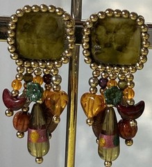 Handmade Shades Of Green Acrylic Stitched & Beaded Stud Earrings 2.25 Inches