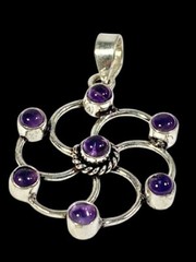 Amethyst Pendant 7 Gemstones Mandala Swirl Round Handcrafted 1.68″- 3.9 grams