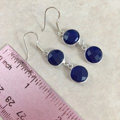 NATURAL ROUND BLUE SAPPHIRE 925 STERLING SILVER DANGLE HOOK EARRINGS 1.75”