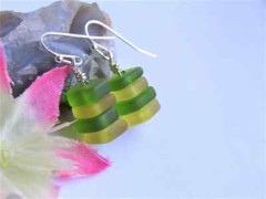 Handmade Stacked Yellow & Green Sea Glass Beach Boho Silver Square Earrings