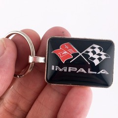 Vintage Impala Chrome Flag Emblem CHOOSE BACKGROUND COLOR 1″ x 1.25″ Keychain