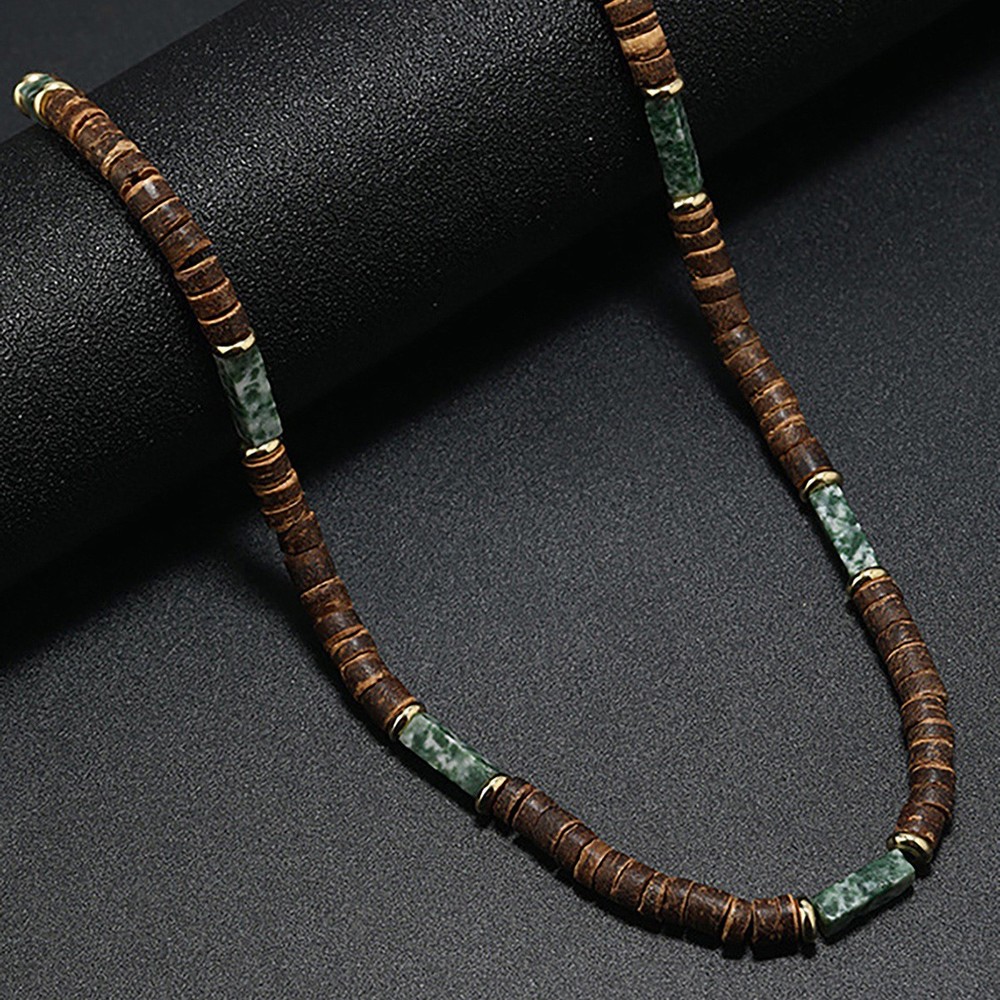 Mens Brown Coconut Shell Wood Bead Necklace Natural Stone Boho Surfer Jewelry