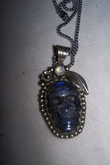 Southwestern Silver Tibetan Carved Moonstone Labradorite SKULL Pendant Necklace
