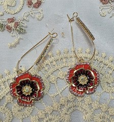 Victorian Trading Poppy Flower Dangle Drop Earrings Red Purple Rhinestone 30J