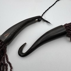 Vintage ARTS & CRAFTS Multistrand Aubergine Glass Bead Horn Clasp Necklace 22″