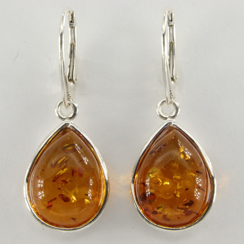 Cognac / Brown BALTIC AMBER Pear Teardrop Earrings 925 STERLING SILVER #1655e