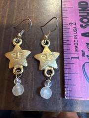 Stars Face Dangle Earrings Pendant Retro Celestial 1 1/2” Gold Bead Accent