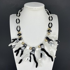 Lucite Resin Statement Necklace Black White Fringe Bib Chunky Modernist