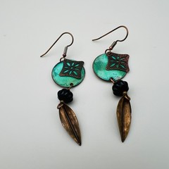 Artisan Dangle Earrings Floral Cutout Patina Mixed Media Boho Statement