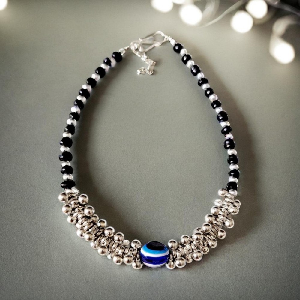 Handmade Black/ Silver Beaded Anklet With Evil Eye Great For Summer Bohemian