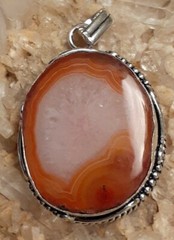 Artisan 925 Silver Orange Banded Agate Quartz Round 2.5 Inch Pendant