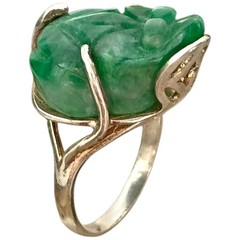 sculptural 950 Silver Frog carved jade Ringsz6