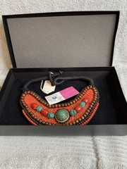 Tibetan beaded bib necklace w/faux turquoise, coral/amber, ethnic jewelry W/Box