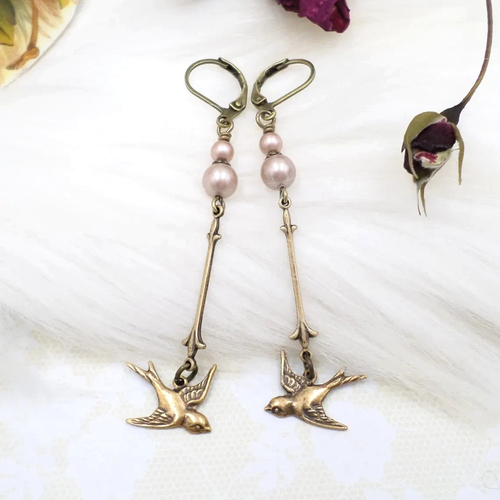 Handmade Antique Brass Small Bird Earrings, Champagne Pearl Cottagecore Jewelry