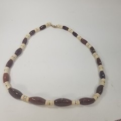 Brown Stone Necklace Ovals Disc Bead Off White Barrel Clasp Vintage