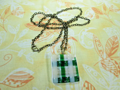Handmade Fused Glass Pendant w/ 24″ Antiqued Brass Tone Cable Necklace / (2) 2N