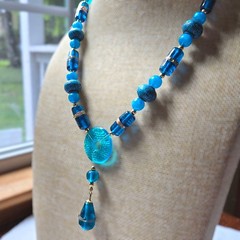 Artisan Turquoise Blue Y Drop Necklace Lampwork Glass Acrylic Beads Boho OOAK