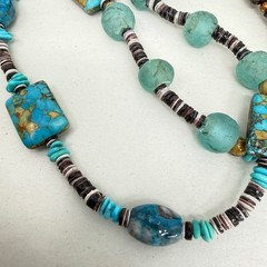 Artisan Beaded Lariat Tassel Necklace Turquoise Tigers Eye Sea Glass Blue Brown