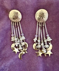 TABRA 14k Gold-Fill Embossed Moon & Stars Rose Quartz Pearl Chandelier Earrings
