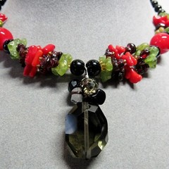 Red Coral Black Onyx Green Prehenite Garnet Quartz Southwest Pendant Necklace