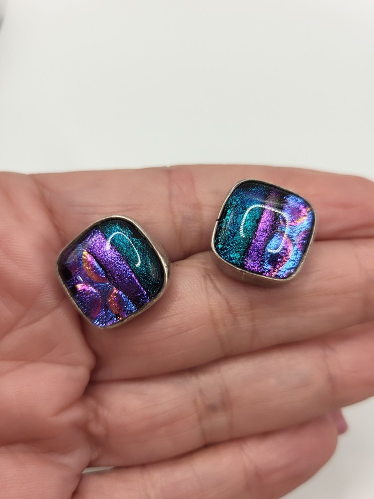 950 Fine Sterling Silver Square Dichroic Metallic Glass Pierced Stud Earrings