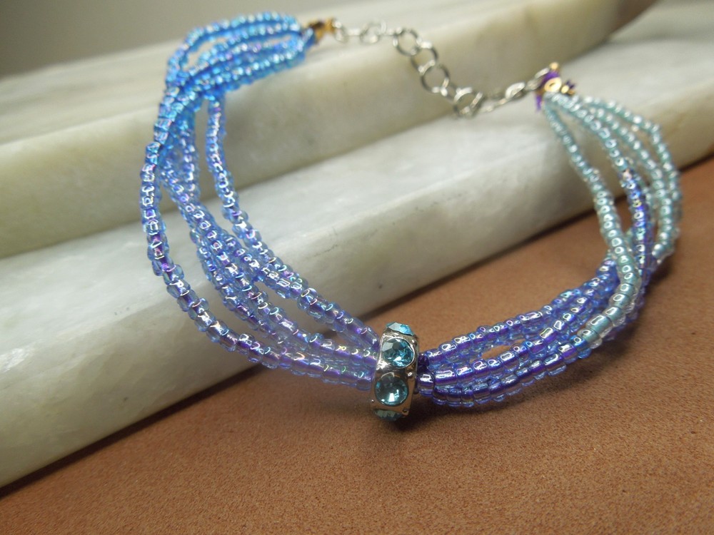 Blue Bead Bracelet Two Tone Glass Multi Strand Rhinestone Adjustable Handmade