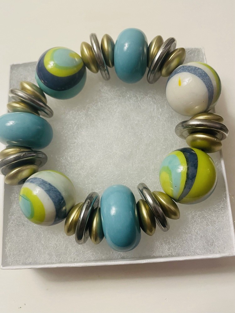 Plus Size Bracelet Lamp Worked Beads Turquoise & Green Large Beads 9 in Wrist