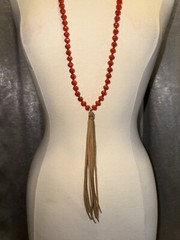 Women’s Brown Leather Tassel On Orange Beaded & Leather Necklace