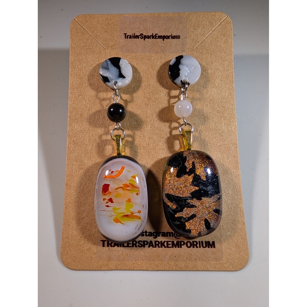 TrailerSparkEmporium Mismatched Fused Glass Drop Earrings Black Gold Nickel Free