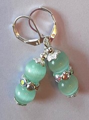 SEAFOAM CAT EYE & CRYSTAL drop earring SP LEVERBACK handcrafted #120